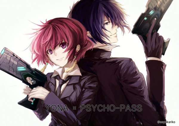 Anime picture 1048x744 with psycho-pass akatsuki no yona studio pierrot production i.g yona (akatsuki no yona) hak (akatsuki no yona) sayokariko short hair simple background purple eyes signed pink hair purple hair profile looking back light smile inscription grey background copyright name character names