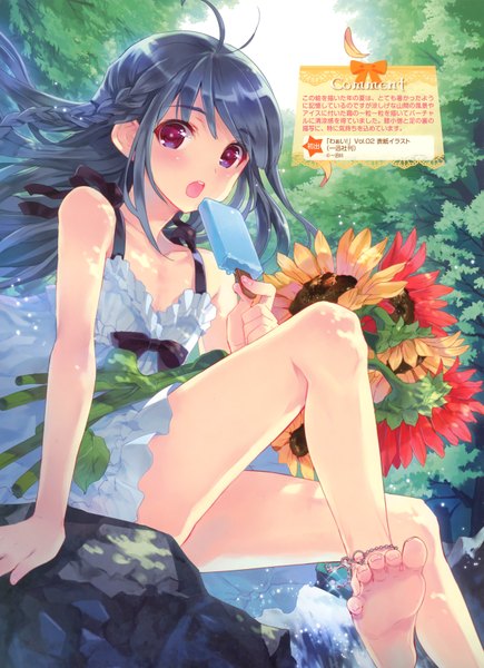 Anime picture 2468x3402 with original kasukabe akira single tall image blush highres open mouth black hair red eyes sitting bare shoulders ahoge barefoot scan bare legs single braid rock waterfall girl ribbon (ribbons)