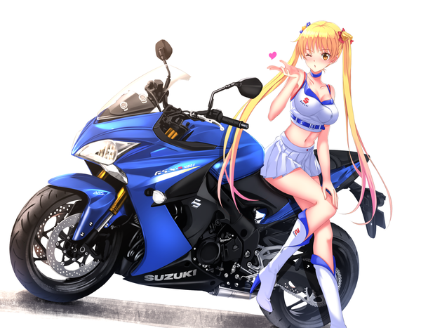 Anime picture 1782x1388 with bakuon!! suzuki (company) suzunoki rin swordsouls single long hair fringe highres breasts blonde hair simple background large breasts white background sitting twintails bare shoulders brown eyes looking away pink hair bent knee (knees)