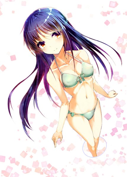 Anime picture 715x1000 with original iori (cpeilad) single long hair tall image looking at viewer light erotic white background brown eyes blue hair girl navel swimsuit bikini