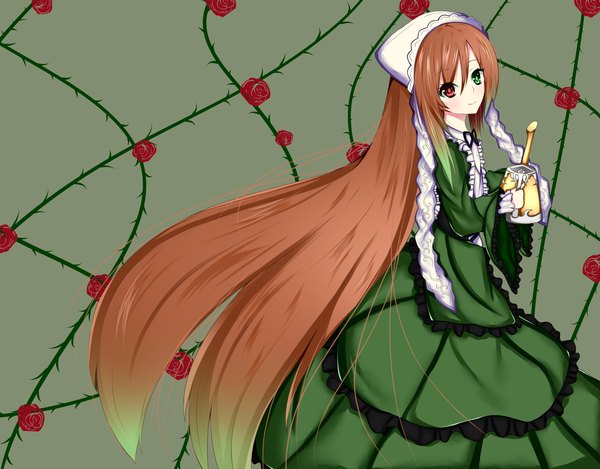 Anime picture 4600x3600 with rozen maiden suiseiseki hiiragi natume single long hair looking at viewer highres smile brown hair absurdres loli heterochromia lolita fashion girl dress flower (flowers) frills bonnet watering can