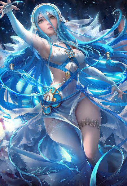 Anime picture 746x1090 with fire emblem fire emblem fates azura (fire emblem) sakimichan single tall image fringe breasts light erotic hair between eyes brown eyes signed blue hair looking away very long hair nail polish parted lips realistic armpit (armpits) outstretched arm