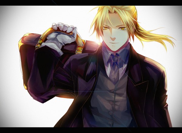 Anime picture 1300x952 with fullmetal alchemist studio bones edward elric ao tsuji single long hair blonde hair simple background white background yellow eyes tail boy gloves necktie bag vest coat