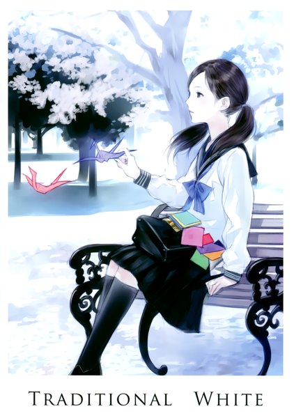 Anime picture 2445x3472 with original traditional white (artbook) kishida mel single long hair tall image highres black hair sitting twintails profile black eyes scan inscription low twintails border cover page girl plant (plants) tree (trees)