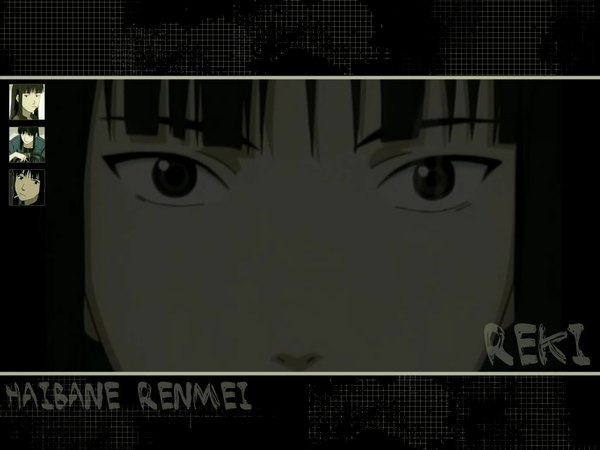 Anime picture 1024x768 with haibane renmei reki (haibane) long hair looking at viewer fringe black hair blunt bangs copyright name character names solo focus close-up multiview third-party edit girl