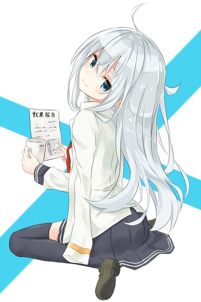 Anime picture 1332x2000 with kantai collection hibiki destroyer azuuru single long hair tall image looking at viewer blue eyes smile sitting white hair open clothes open jacket wariza girl thighhighs skirt black thighhighs miniskirt jacket