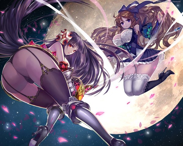 Anime picture 1500x1200 with original fantchi long hair looking at viewer fringe breasts light erotic red eyes brown hair large breasts purple eyes bare shoulders multiple girls purple hair ass pleated skirt looking back night high heels night sky