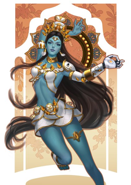 Anime picture 1496x2122 with overwatch blizzard entertainment symmetra (overwatch) goddess symmetra yueran li single tall image looking at viewer breasts blue eyes light erotic black hair smile bent knee (knees) very long hair parted lips arm up lips alternate costume lipstick