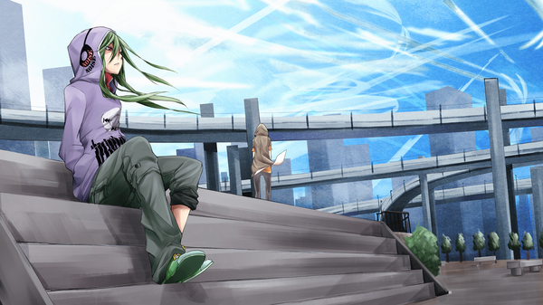 Anime picture 1920x1080 with kagerou project shaft (studio) kido tsubomi kano shuuya fu-ta long hair highres short hair wide image standing sitting looking away sky green hair wind back looking up girl boy plant (plants)