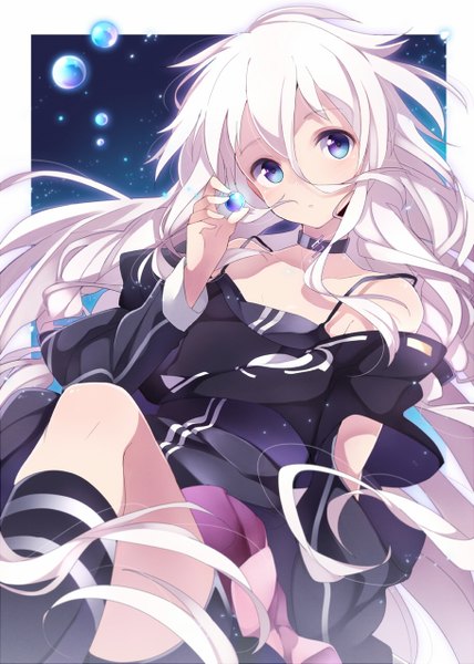 Anime picture 910x1277 with vocaloid ia (vocaloid) umiko (munemiu) single long hair tall image looking at viewer blush blue eyes sitting white hair girl skirt miniskirt choker blouse
