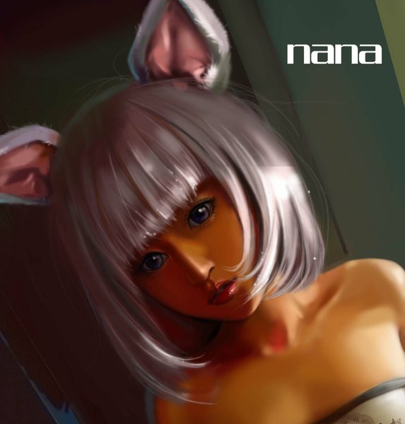 Anime picture 1500x1570 with original nana hang single tall image fringe bare shoulders animal ears silver hair lips grey hair realistic inscription portrait face 3d girl