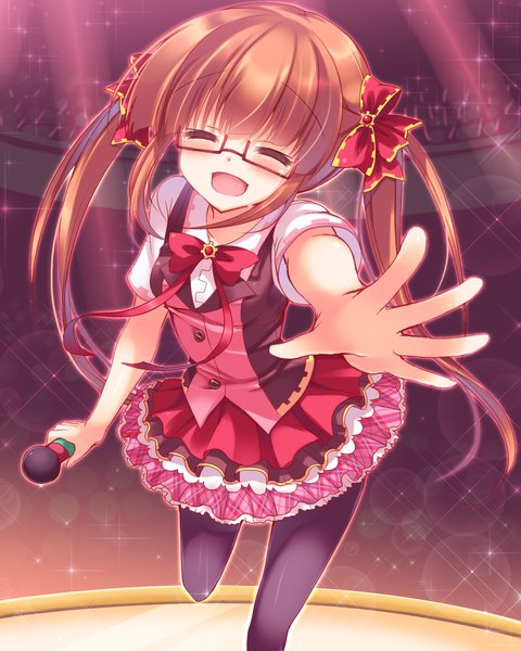 Anime picture 1200x1500 with tagme (copyright) suzunone rena single long hair tall image blush open mouth brown hair twintails eyes closed ^ ^ ^o^ girl dress bow hair bow glasses microphone