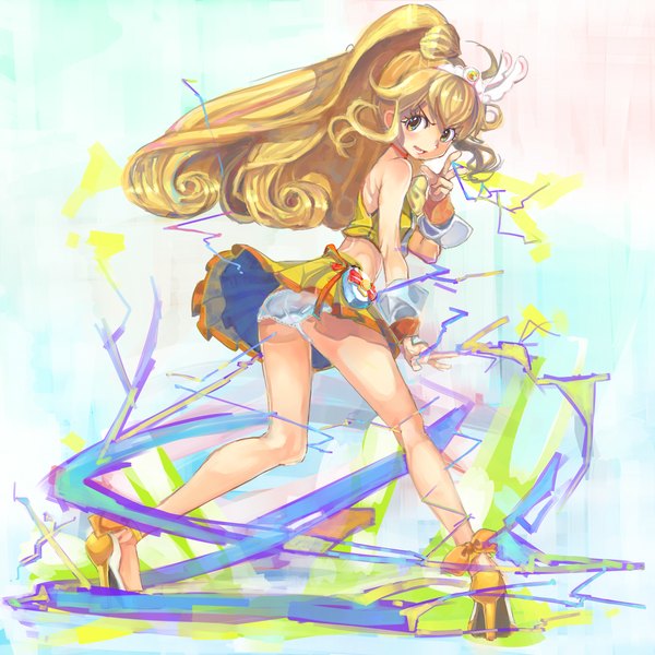 Anime picture 1500x1500 with precure smile precure! toei animation kise yayoi cure peace ianeramatati single long hair blush open mouth light erotic blonde hair standing bare shoulders ahoge ass ponytail pleated skirt looking back victory