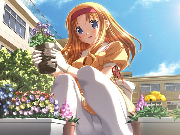 Anime picture 1024x768 with alto miharu - alto another story wakana chitose long hair blue eyes light erotic blonde hair game cg girl flower (flowers) serafuku