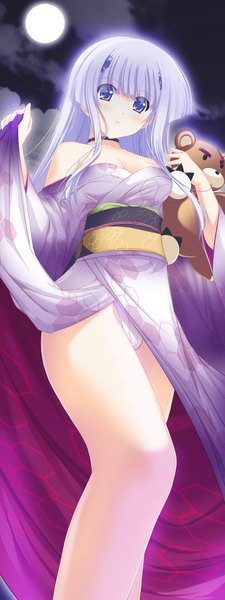 Anime picture 1687x4500 with muvluv total eclipse inia sestina single long hair tall image blush light erotic cloud (clouds) white hair traditional clothes japanese clothes pantyshot girl underwear panties kimono moon toy stuffed animal teddy bear