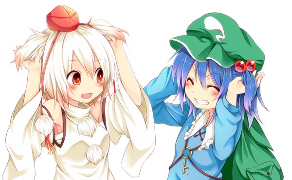 Anime picture 1300x805 with touhou inubashiri momiji kawashiro nitori chikuwa savi blush fringe short hair simple background smile hair between eyes red eyes wide image white background bare shoulders multiple girls payot blue hair looking away white hair eyes closed