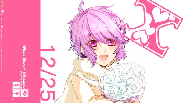 Anime picture 1920x1080 with glass heart princess idea factory gai domyouji kinami yuki single blush fringe highres short hair open mouth wide image white background purple eyes purple hair inscription official art boy flower (flowers) heart scarf