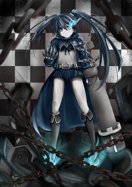 Anime picture 1445x2043 with black rock shooter black rock shooter (character) amatsuki hotaru long hair tall image blue eyes black hair twintails glowing glowing eye (eyes) checkered background girl weapon boots belt chain bikini top huge weapon