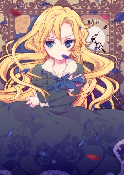 Anime picture 960x1344 with ib (game) mary (ib) chi yu single long hair tall image looking at viewer blue eyes blonde hair smile holding mouth hold crossed arms girl dress flower (flowers) petals rose (roses) clock
