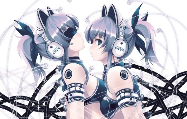 Anime picture 1650x1050 with exit tunes misaki kurehito cradle (artist) long hair looking at viewer blush highres breasts blue eyes light erotic wide image multiple girls animal ears ponytail cat ears wallpaper breast press blindfold symmetrical docking girl