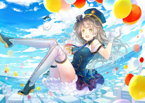 Anime picture 1200x848 with love live! school idol project sunrise (studio) love live! minami kotori minami kotori (bird) rio.lw single long hair blush fringe open mouth brown hair bare shoulders signed yellow eyes sky cloud (clouds) bent knee (knees) hair bun (hair buns) city