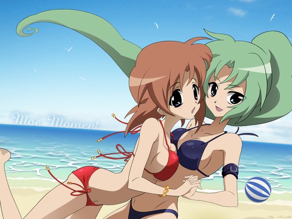 Anime picture 1600x1200 with higurashi no naku koro ni studio deen ryuuguu rena sonozaki mion long hair looking at viewer fringe short hair breasts open mouth blue eyes light erotic brown hair large breasts multiple girls green eyes payot sky ponytail green hair