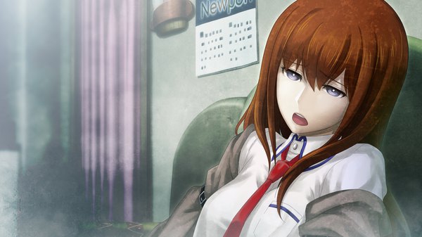 Anime picture 1920x1080 with steins;gate white fox makise kurisu huke single long hair fringe highres open mouth hair between eyes brown hair wide image sitting purple eyes looking away upper body indoors open jacket teeth :o