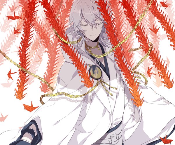 Anime picture 1000x833 with touken ranbu nitroplus tsurumaru kuninaga kai28 single fringe short hair white background white hair light smile wide sleeves pale skin boy gloves choker chain obi origami coat of arms