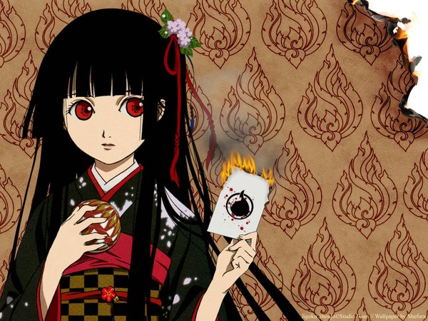 Anime picture 1024x768 with hell girl studio deen enma ai long hair black hair red eyes traditional clothes japanese clothes girl hair ornament kimono fire