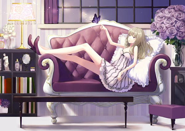 Anime picture 848x600 with original tette long hair blush fringe brown hair sitting purple eyes bare shoulders looking away bent knee (knees) indoors parted lips night bare legs night sky sleeveless outstretched arm butterfly on hand girl