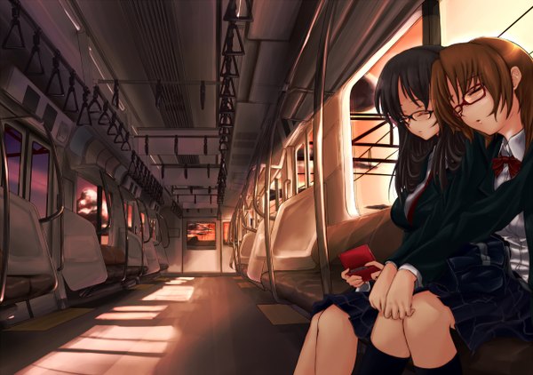 Anime picture 2480x1748 with original nintendo amgetd (artist) long hair highres black hair brown hair sitting multiple girls eyes closed sleeping girl uniform 2 girls school uniform glasses train