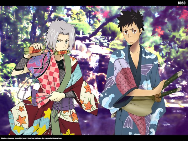 Anime picture 1600x1200 with katekyou hitman reborn gokudera hayato yamamoto takeshi japanese clothes photo background boy kimono