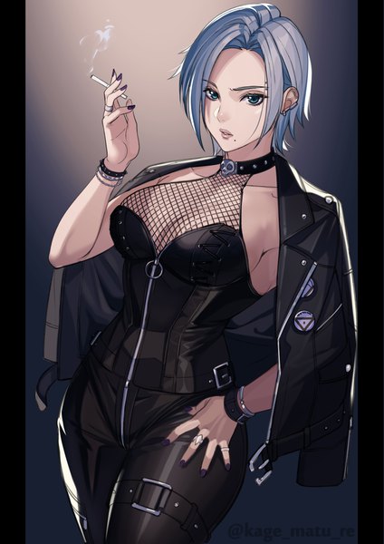 Anime picture 1736x2456 with original kagematsuri single tall image looking at viewer fringe highres short hair breasts light erotic large breasts standing holding signed silver hair nail polish parted lips arm up aqua eyes fingernails