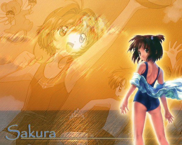 Anime picture 1280x1024 with card captor sakura clamp kinomoto sakura kero (cardcaptor sakura) li xiaolang goto p two side up swimsuit