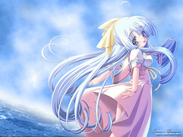 Anime picture 1024x768 with rinjin sanuma shizuku sakuya tsuitachi single looking at viewer blush fringe open mouth blue eyes payot blue hair sky ahoge very long hair looking back wallpaper spread arms half updo girl bow