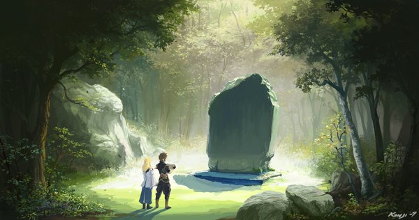 Anime picture 1155x609 with original kyomu (artist) wide image couple landscape tree (trees) forest stone (stones)