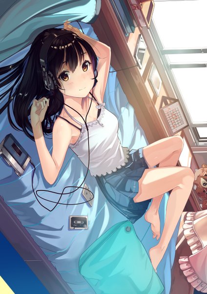 Anime picture 1000x1414 with original kagematsuri single long hair tall image black hair brown eyes lying bare legs girl skirt headphones pillow bed