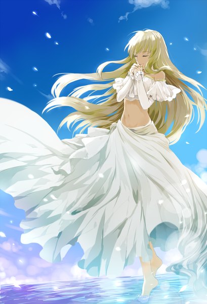 Anime picture 1158x1698 with aldnoah.zero a-1 pictures asseylum vers allusia unakura single long hair tall image blonde hair sky eyes closed midriff girl dress navel petals water