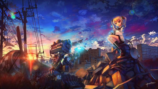 Anime picture 2200x1236 with original izechou single highres blonde hair red eyes wide image twintails sky cloud (clouds) loli evening sunset cityscape landscape scenic girl robot