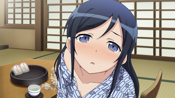 Anime picture 1280x720 with ore no imouto ga konna ni kawaii wake ga nai aragaki ayase long hair looking at viewer blush open mouth wide image purple eyes blue hair game cg traditional clothes japanese clothes girl kimono