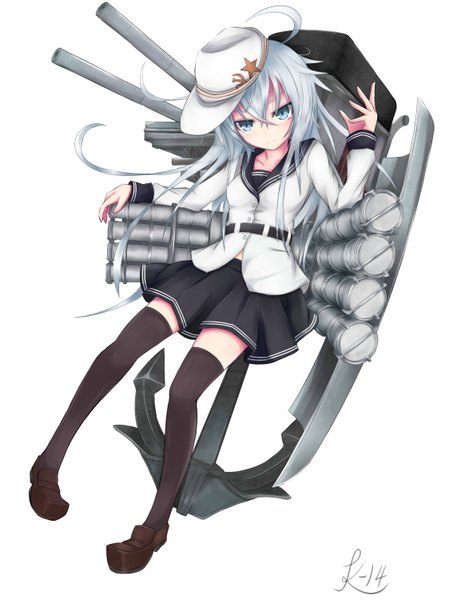 Anime picture 2267x3000 with kantai collection hibiki destroyer verniy destroyer k-14 single long hair tall image highres blue eyes simple background white background white hair hammer and sickle girl thighhighs skirt weapon black thighhighs star (symbol) sailor suit