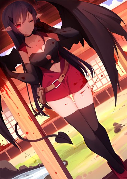 Anime picture 700x989 with original riki-to single long hair tall image looking at viewer black hair smile red eyes tail one eye closed horn (horns) pointy ears wink girl thighhighs dress gloves black thighhighs wings