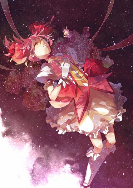 Anime picture 715x1008 with mahou shoujo madoka magica shaft (studio) kaname madoka single tall image fringe short hair open mouth twintails pink hair bent knee (knees) eyes closed girl dress gloves flower (flowers) ribbon (ribbons) socks white gloves knee socks