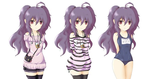 Anime picture 2834x1500 with original ipod kuroneko-w-b long hair looking at viewer highres simple background red eyes wide image white background purple hair ahoge multiple persona girl thighhighs black thighhighs swimsuit headphones sweater bag