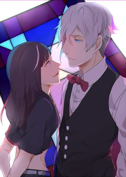 Anime picture 760x1064 with death parade madhouse decim (death parade) kurokami no onna kizami (hetaisi) long hair tall image fringe breasts blue eyes smile brown hair purple eyes silver hair indoors profile multicolored hair lips hair over one eye bare belly