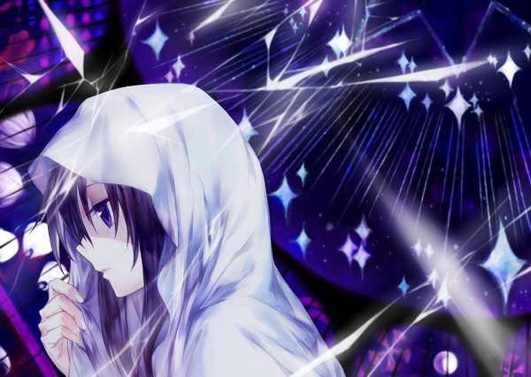 Anime picture 1266x900 with mahou shoujo madoka magica shaft (studio) akemi homura azmodan single looking away sky purple hair sparkle broken glass girl blanket