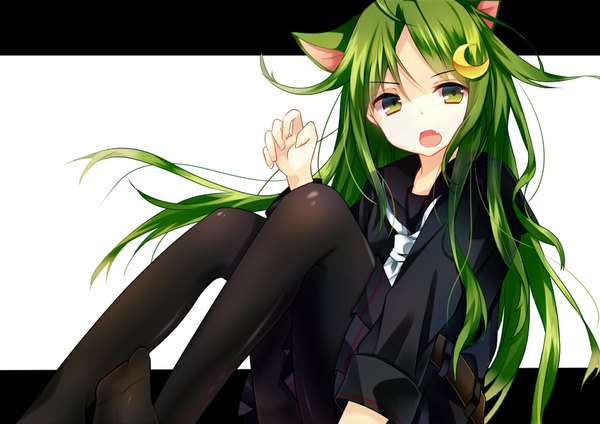 Anime picture 1000x707 with kantai collection nagatsuki destroyer kusada souta single long hair looking at viewer open mouth green eyes animal ears green hair cat ears legs kemonomimi mode girl skirt hair ornament pantyhose black pantyhose