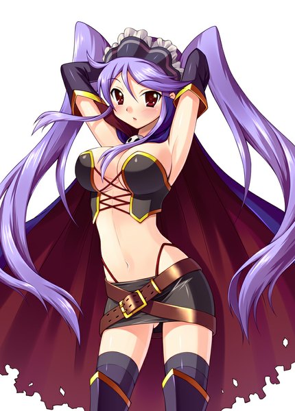 Anime picture 717x1000 with bucchake (asami) long hair tall image looking at viewer blush breasts light erotic simple background red eyes white background twintails purple hair girl skirt gloves navel elbow gloves belt