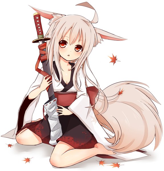 Anime picture 1716x1787 with original tosura-ayato long hair tall image blush highres blonde hair red eyes animal ears animal tail girl weapon sword katana leaf (leaves)