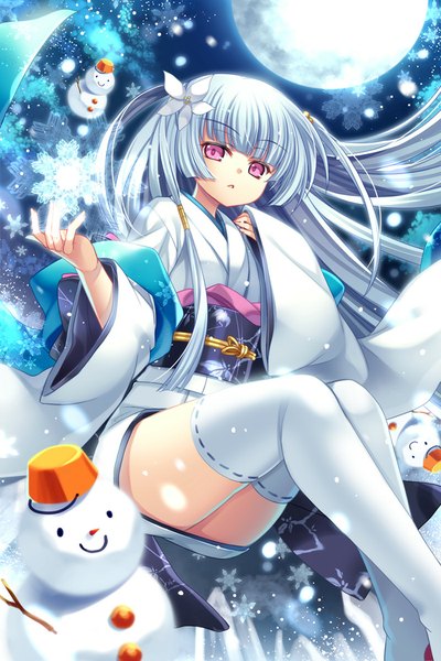 Anime picture 700x1050 with original capura lin single long hair tall image looking at viewer white hair traditional clothes japanese clothes pink eyes hair flower from below snowing winter girl thighhighs hair ornament flower (flowers) white thighhighs kimono